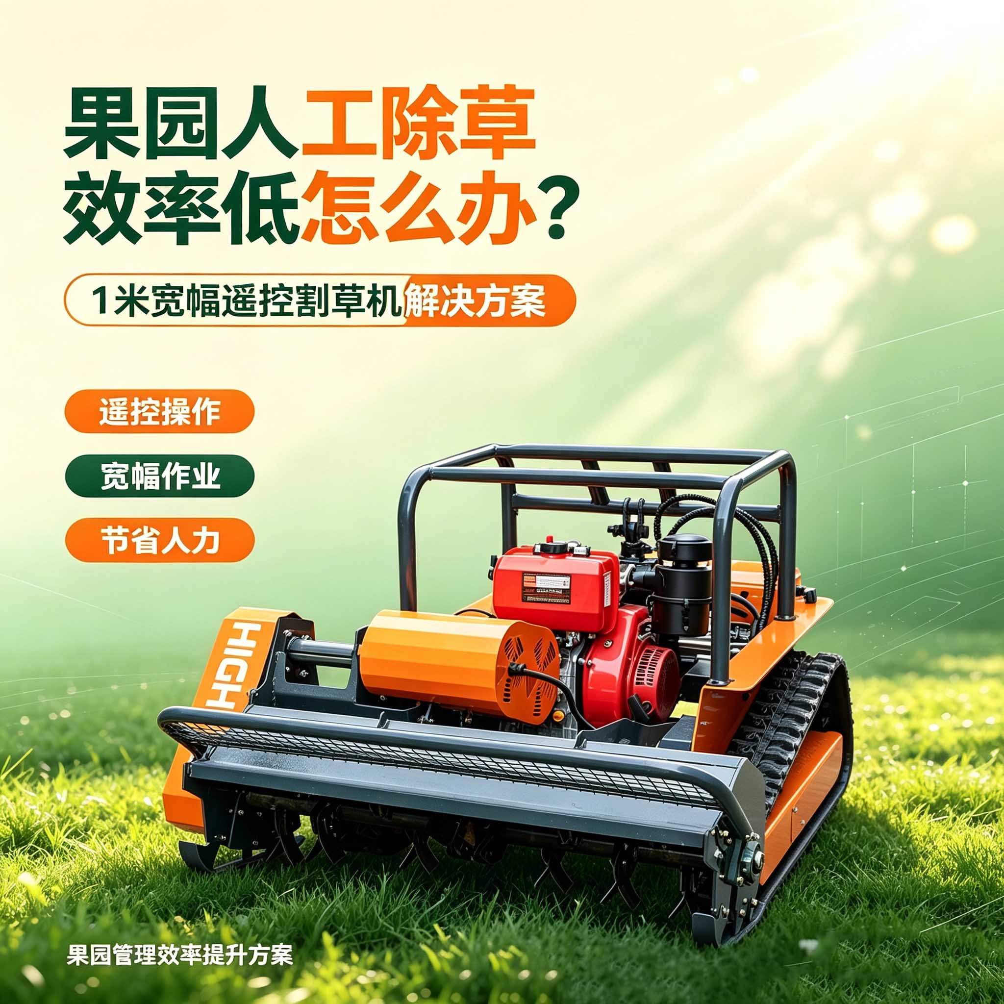 果园人工除草效率低怎么办？1 米宽幅 HTM-1000 遥控履带割草机完整解决方案